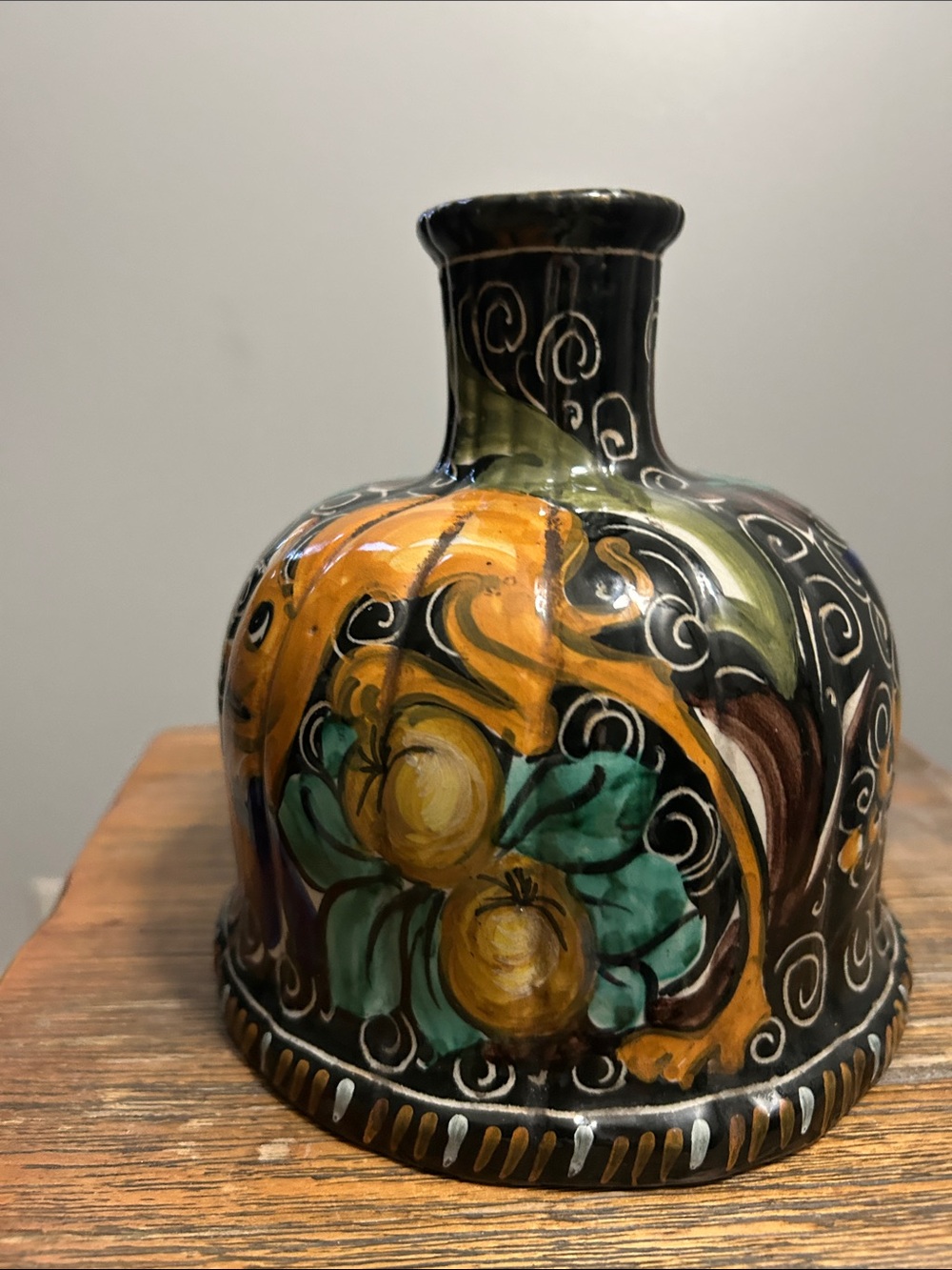 Pesaro Hand-Painted Ceramic Bell Vase in Black, Green, Gold, sign .made in Italy